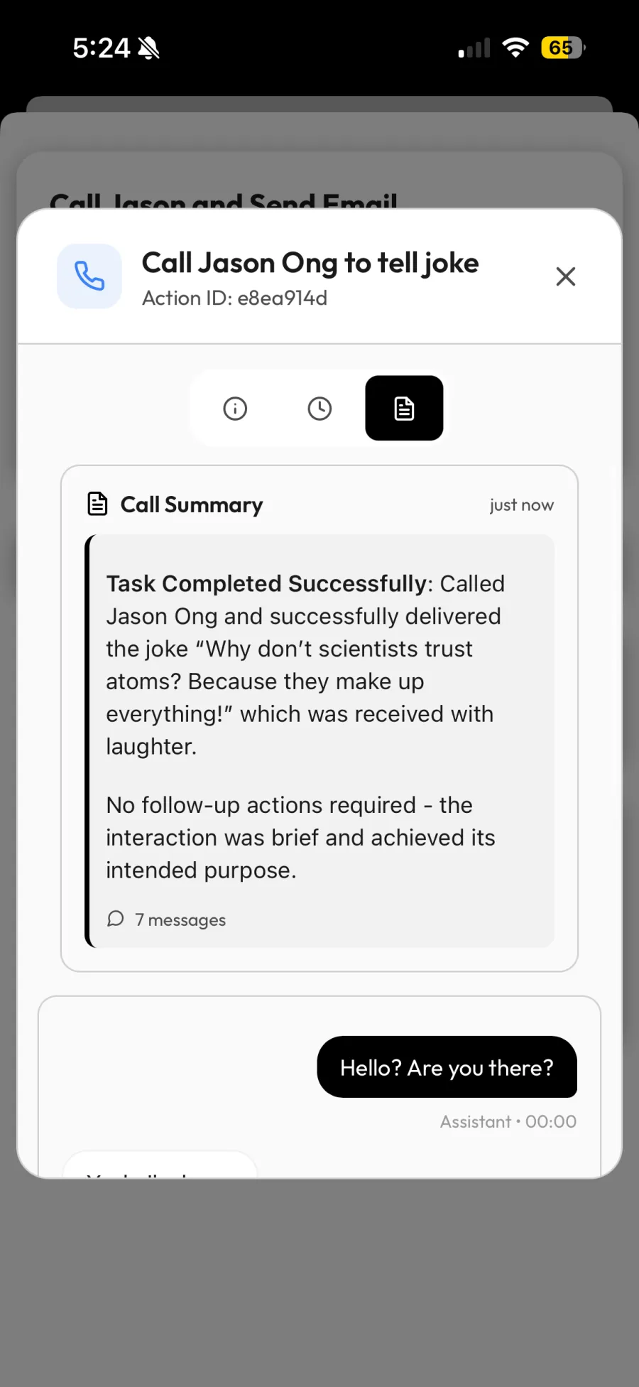 Astra AI assistant automated phone call summary showing successful task completion